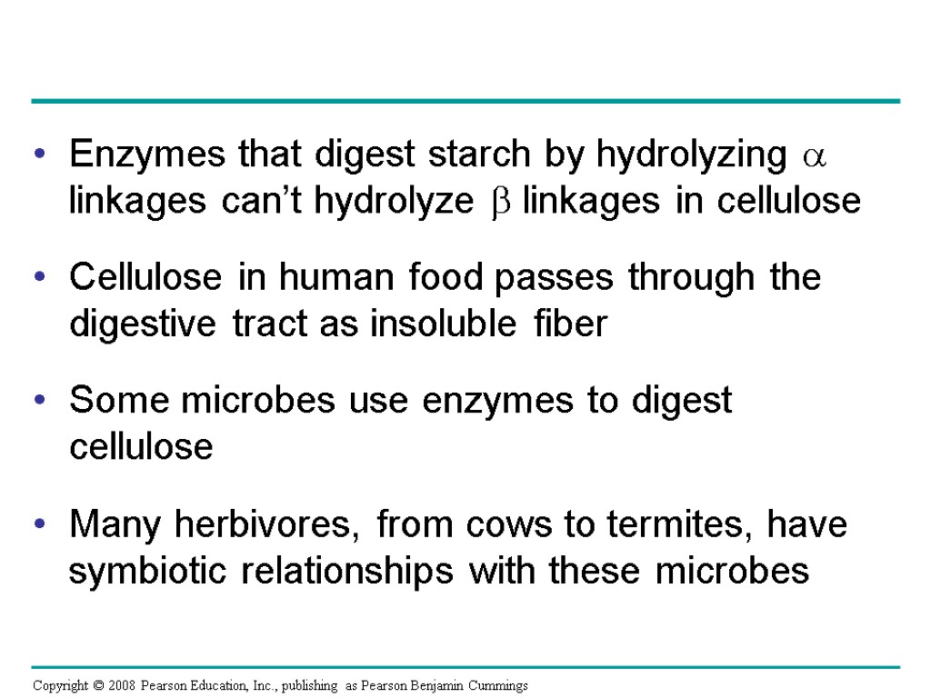 Enzymes that digest starch by hydrolyzing  linkages can’t hydrolyze  linkages in cellulose